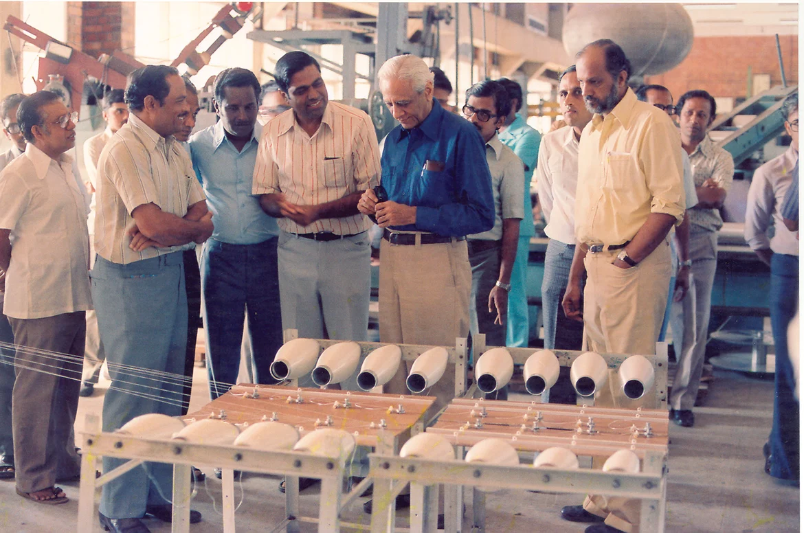 Satish Dhawan (blue shirt) visiting Composites facility at Vattiyoorkavu, Trivandrum
