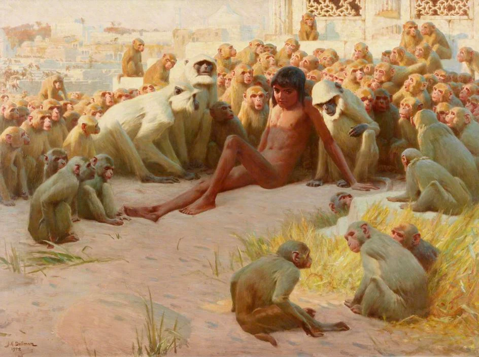 Mowgli kidnapped by the Bandar Log in a 1903 illustration