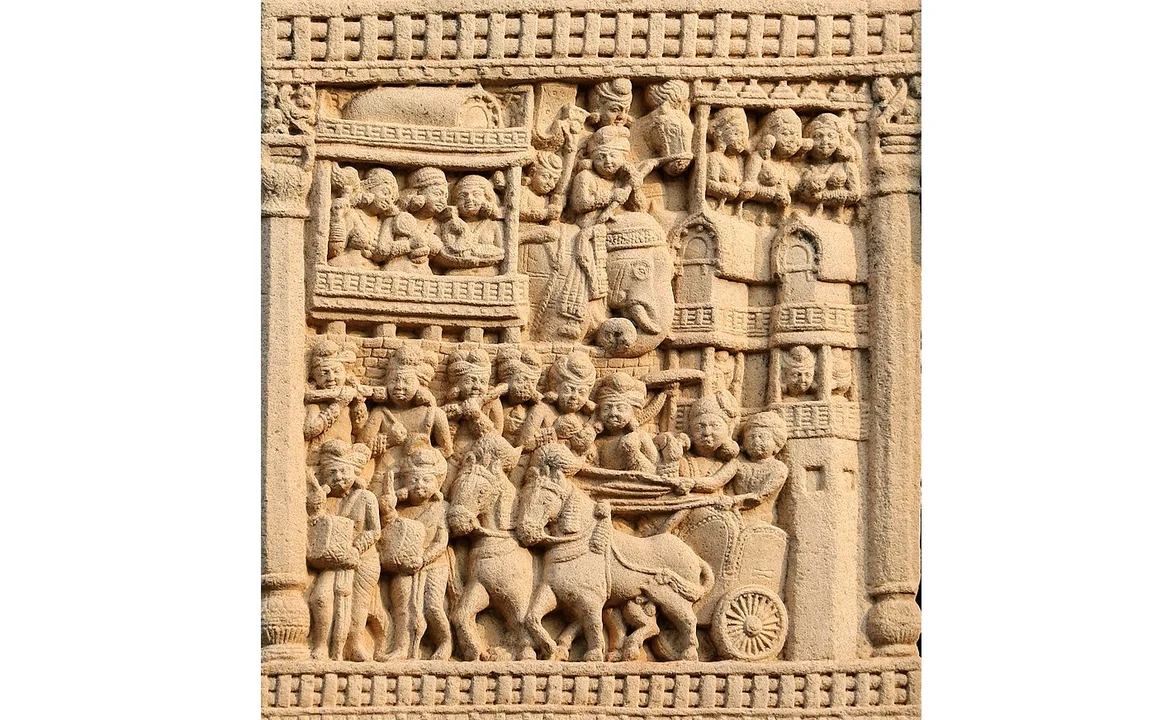 Royal procession leaving Rajgir, possibly depicting Ajatashatru, from Sanchi
