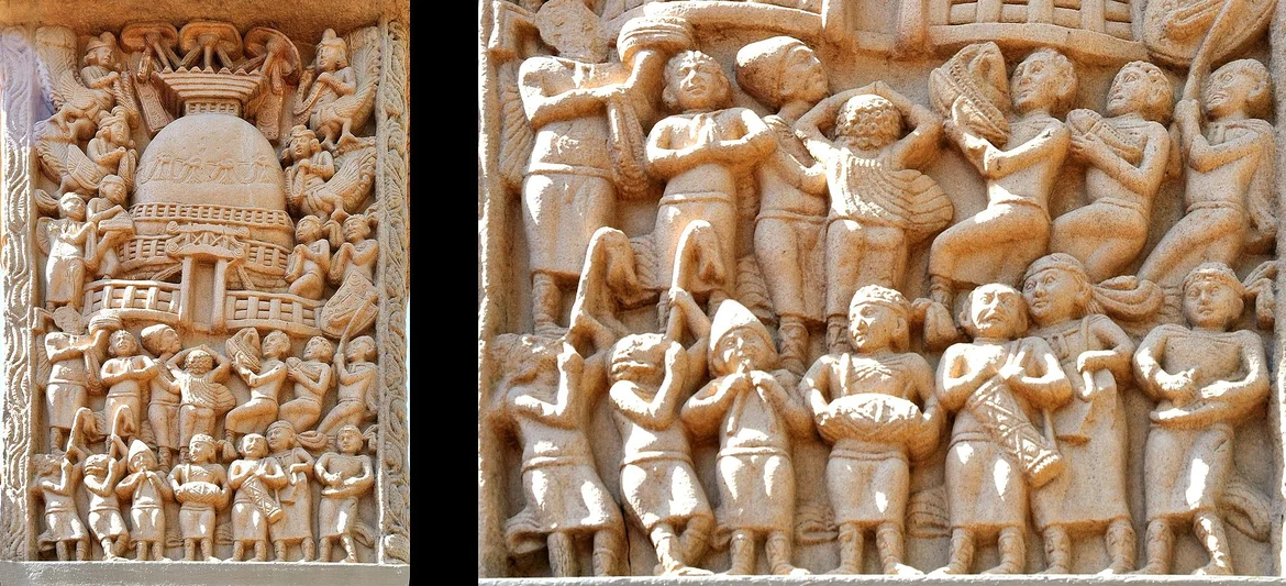 Foreign devotees and musicians on the Northern Gateway of Stupa I, Sanchi 