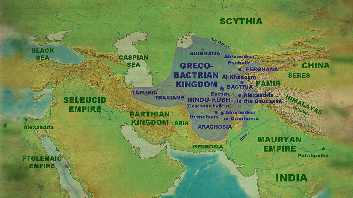 The extent of the Greco-Bactrian kingdom circa 180 BC