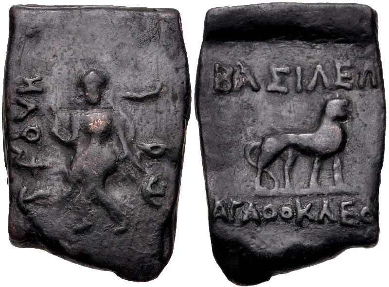 Agathokles coin Rajane Agathukleyasasa (Brahmi script) 