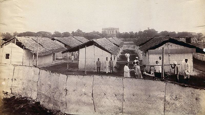 A woman with plague being carried on a stretcher made from a slim branch into the Hindu Plague Hospital
