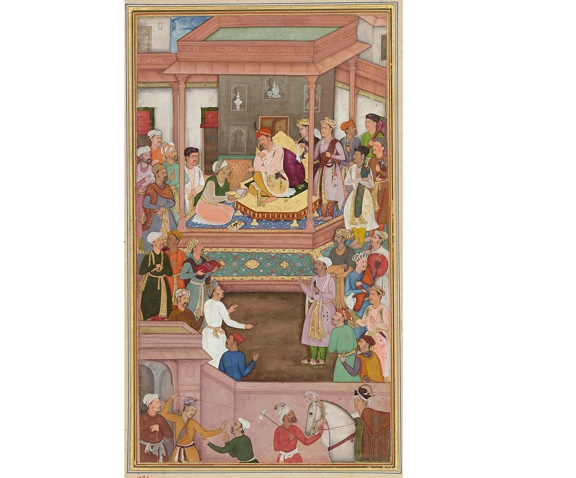 Abul-Fazl ibn Mubarak presents Akbar Nama to the Mughal emperor Akbar.