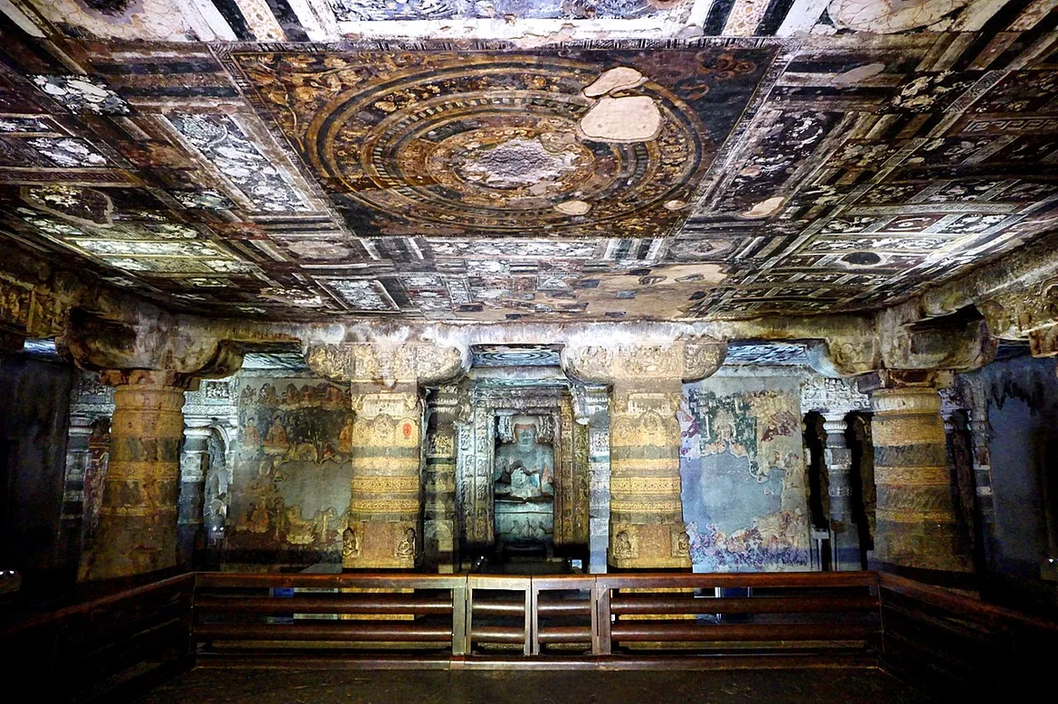 Outside view and main hall with shrine, Cave 2