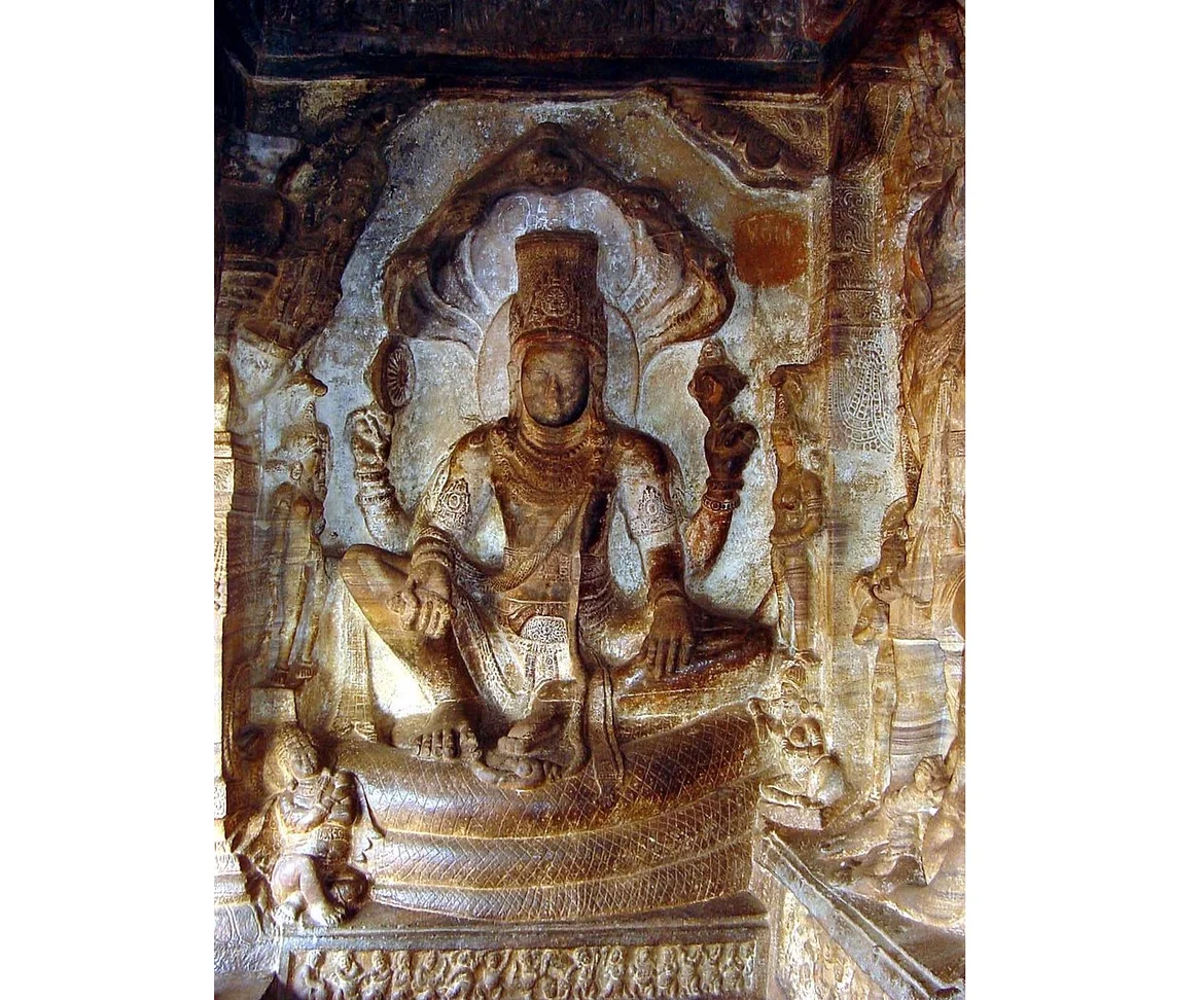 Seated Vishnu on Sheshanaga, the most famous Badami sculpture 