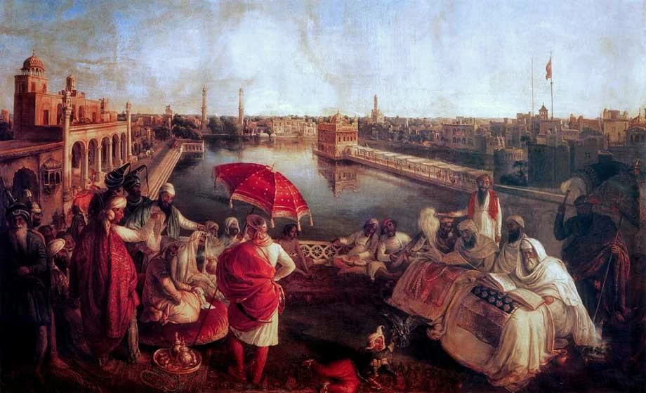 Maharaja Ranjit Singh listening to Guru Granth Sahib being recited near the Akal Takht and Golden Temple, painting by Ágoston Schoefft 