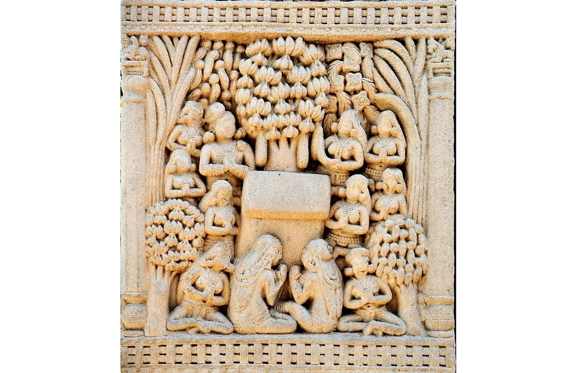 King Bimbisara visits the Bamboo Garden (Venuvana) in Rajagriha; artwork from Sanchi 