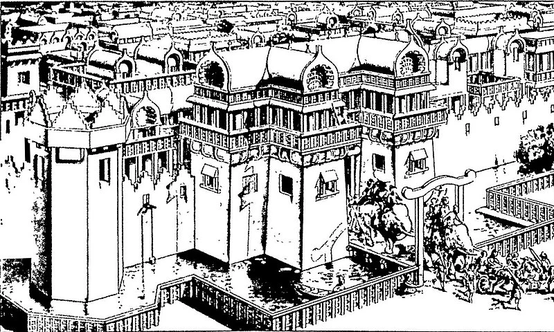 Conjectural reconstruction of the main gate of Kusinagara circa 500 BCE adapted from the Torana at Sanchi (by Percy Brown, 1955)