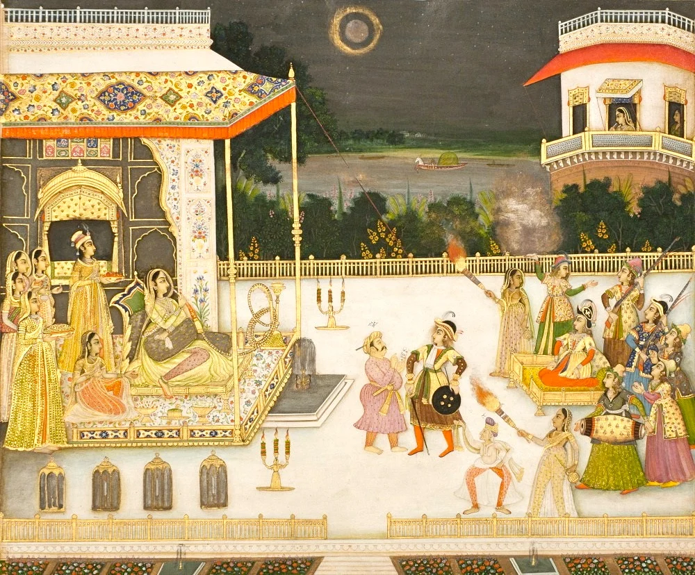 Miniature painting showing Udham Bai (Qudsia Begum) being entertained with fireworks and dance (1742 CE by Mir Miran) 