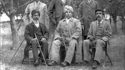 Aurobindo (seated right) with other officers of the Baroda State, Kashmir, 1903