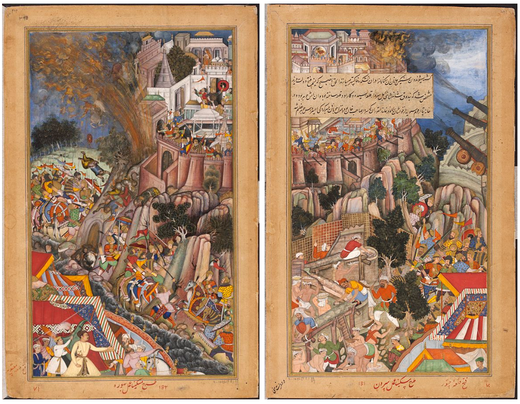 Paintings depicting a mine exploding a section of the fortified wall of Chittorgarh and accidentally killing friendly forces.