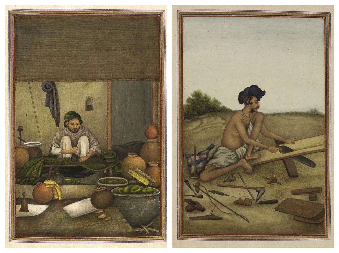 Commisioned portraits of a chipi (cloth printer) and a tarkhan (carpenter) in book Kitab-i tasrih al-aqvam