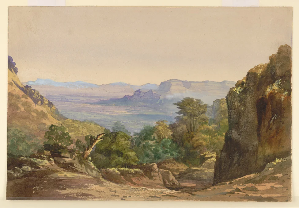 Painting of rocky hills at Matheran by Melville Clarke, c.1854.