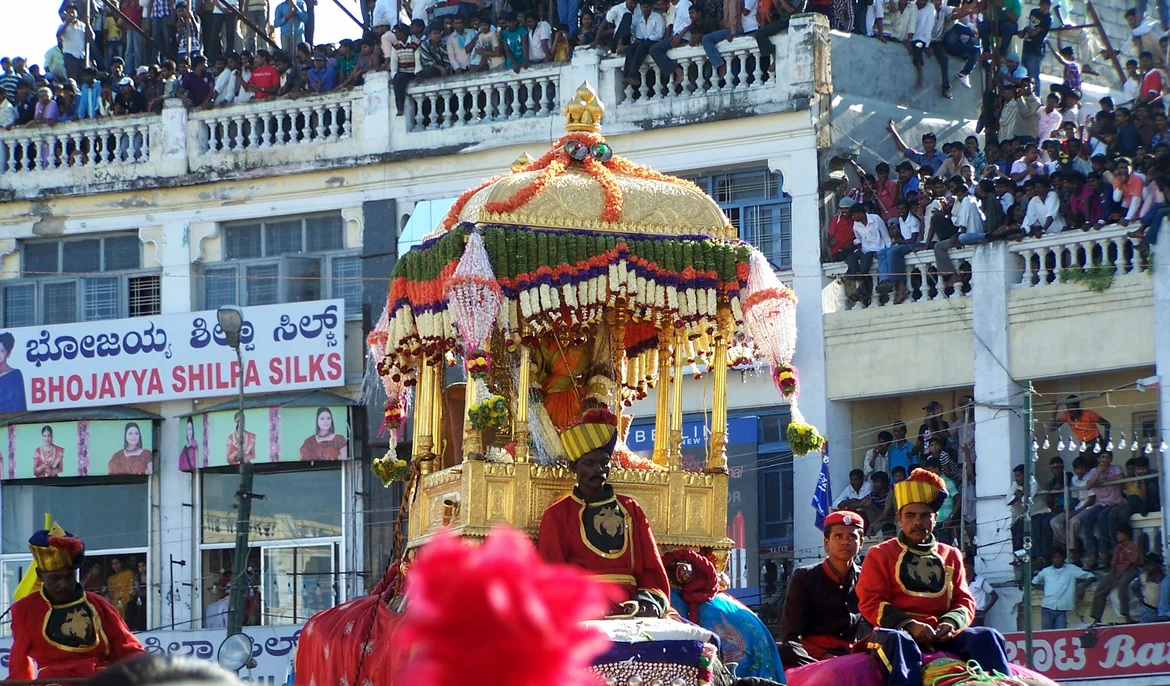Goddess Chamundi riding in the gold <i>howdah</i>
