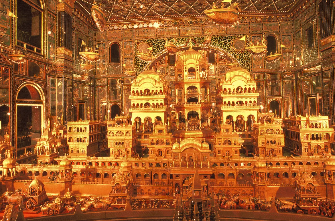 Gold carving depiction of the legendary Ayodhya at the Ajmer Jain temple 
