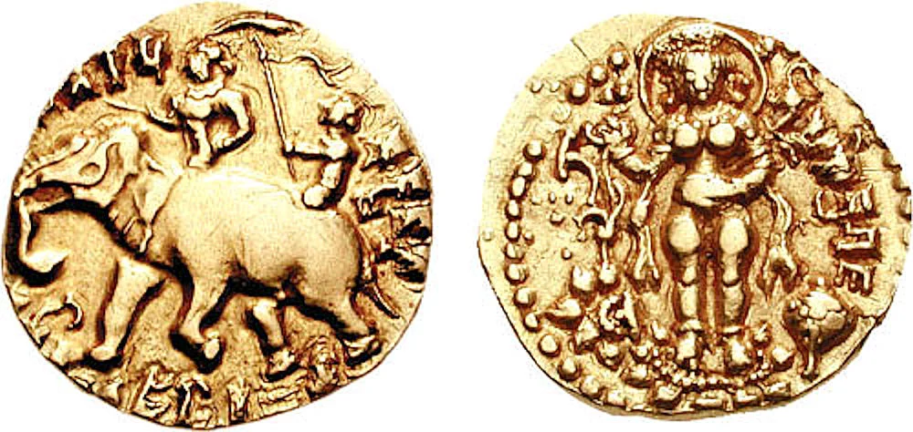 Elephant-rider coin of Kumara Gupta. Obverse legend: “Kumara Gupta, who has destroyed his enemies and protected his client kings, is victorious over his foes”