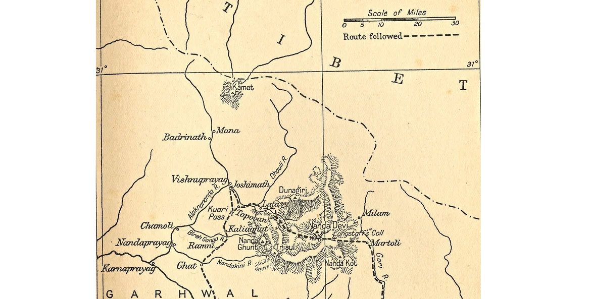 Map of the Nanda Devi Sanctuary, the thick hachures marking the semi-circular natural fortifications in the form of mountains that surround most of the Nanda Devi