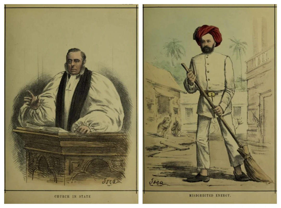 Caricatures of Reverend Robert Milman (Bishop of Calcutta) and Stuart S. Hogg (chairman of the Calcutta municipality)