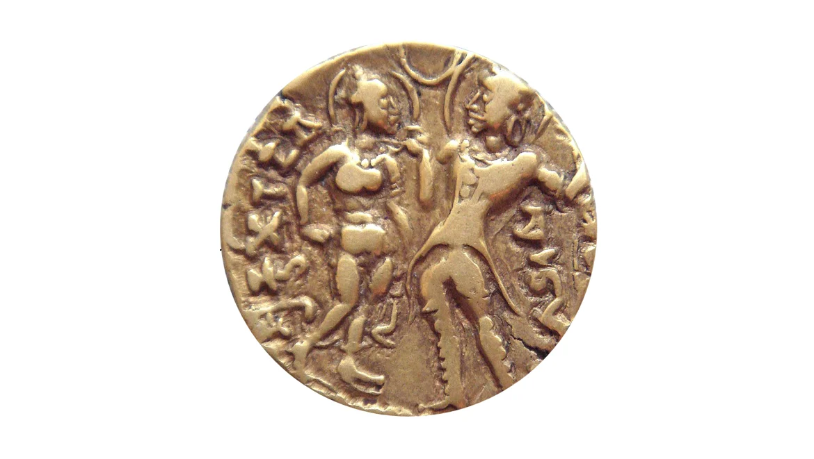 Lichchhavi Queen Kumaradevi and King Chandragupta I, depicted on a coin of their son Samudragupta, 350-380 CE