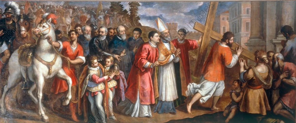 Emperor Heraclius carries the Holy Cross on his shoulders