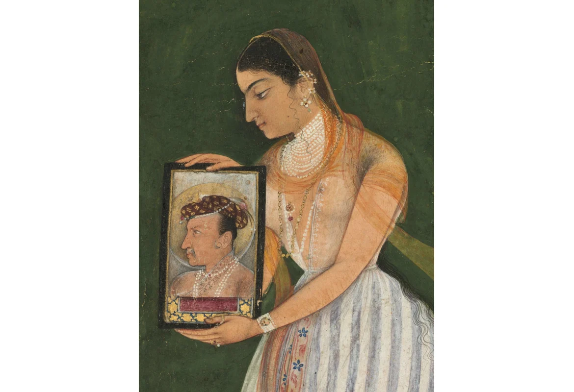 Nur Jahan holding a portrait of Jahangir 