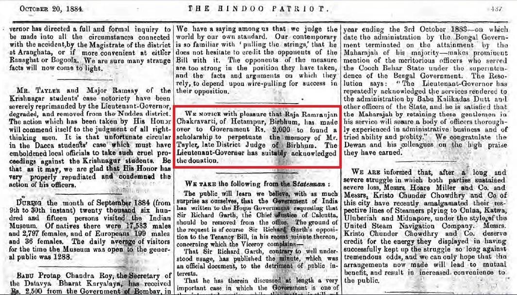 A report on Raja Ramranjan’s donation published in the Hindoo Patriot on 20th October 1884