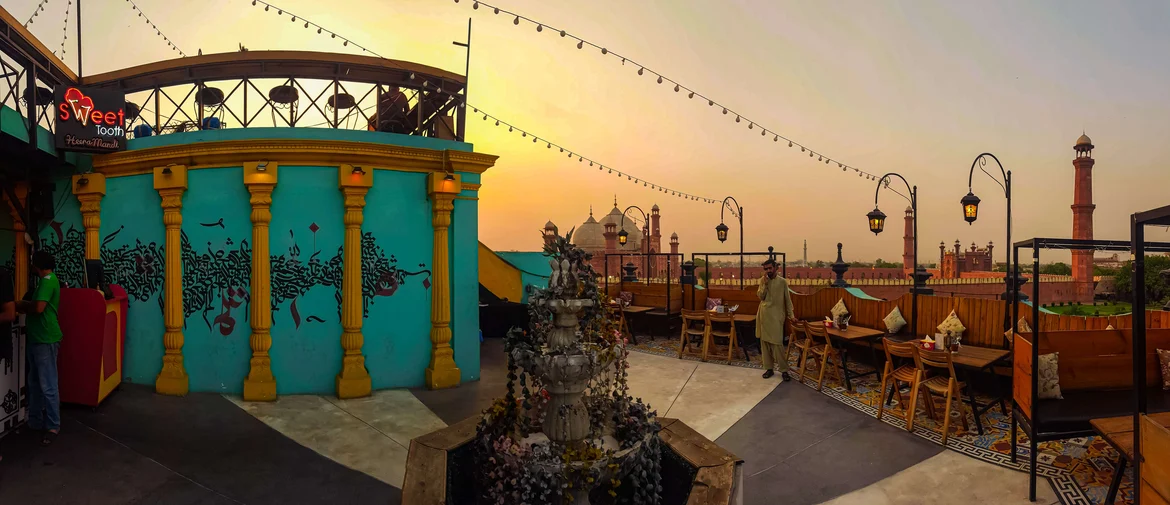 View of Badshahi Mosque from an eatery in Heera Mandi