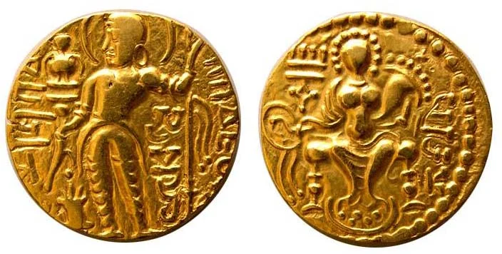 Gold dinar of Samudragupta (335-380 CE) with image of Goddess Lakshmi holding a diadem on the obverse