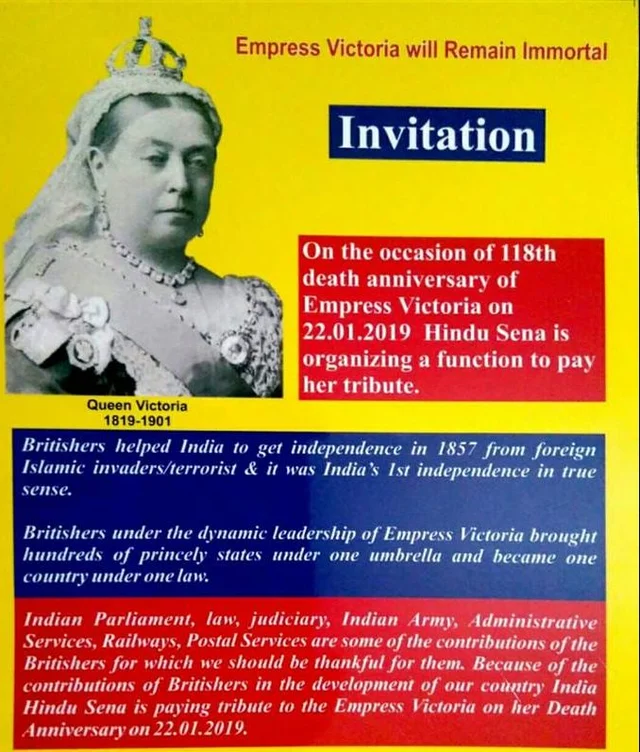 Hindu Sena to observe Queen Victoria’s death anniversary by glorifying British rule in India