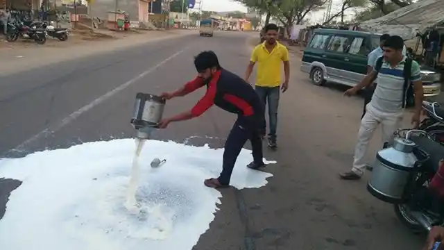 आंदोलन के दौरान दूध सड़कों पर फेंकते किसान