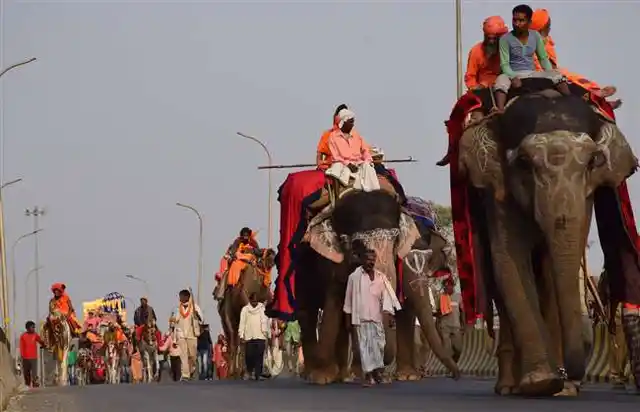 जुलूस में सबसे आगे घोड़ों पर सवार होकर ढोल पीटकर लोगों को अपने आगमन का सन्देश देते नागा सन्यासी थे तो उनके पीछे जूना अखाड़े के आराध्य भगवान दत्तात्रेय की स्थापितमूर्ति थी. अखाड़े की धर्म ध्वजा भी इस शाही जुलूस में शान से लहरा रही थी.