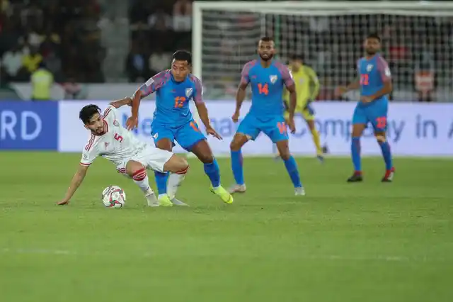 यूएई के खिलाफ मैच के दौरान भारतीय फुटबॉल टीम