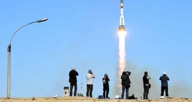 Russia’s Soyuz MS-10 spacecraft, carrying Russian cosmonaut Alexey Ovchinin and Nasa astronaut Nick Hague, blasts off at the Russian-leased Baikonur cosmodrome in Baikonur.
