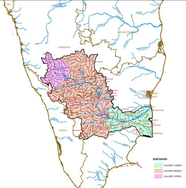 ಕರ್ನಾಟಕ ಮತ್ತು ತಮಿಳುನಾಡು ಮೂಲಕ ಹಾದು ಹೋಗುವ ಕಾವೇರಿಯ ಜಲಾನಯನ ಪ್ರದೇಶಗಳನ್ನು ಚಿತ್ರದಲ್ಲಿ ಸ್ಪಷ್ಟವಾಗಿ ಗಮನಿಸಬಹುದು.