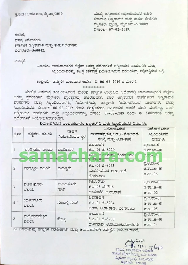 ಅಗ್ನಿ ಶಾಮಕ ವಾಹನಗಳು ಮತ್ತು ಸಿಬ್ಬಂದಿ ನಿಯೋಜನೆ ಬಗ್ಗೆ ಅಗ್ನಿಶಾಮಕ ಮತ್ತು ತುರ್ತು ಸೇವೆಗಳ ನಿರ್ದೇಶಕರಿಗೆ ಮೈಸೂರು ಪ್ರಾಂತ್ಯದ ಮುಖ್ಯ ಅಗ್ನಿಶಾಮಕ ಅಧಿಕಾರಿ ಯುನಸ್ ಅಲಿ ಕೌಸರ್ ಬರೆದ ಪತ್ರ.
