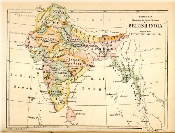 1880ರಲ್ಲಿನ ಬ್ರಿಟಿಷ್ ಆಳ್ವಿಕೆಯ ಕಾಲದ ಭಾರತ. ಉತ್ತರದಲ್ಲಿ ಕಾಶ್ಮೀರದ ಭಾಗ ಹೇಗಿದೆ ಎಂಬುದನ್ನು ಕಾಣಬಹುದು.