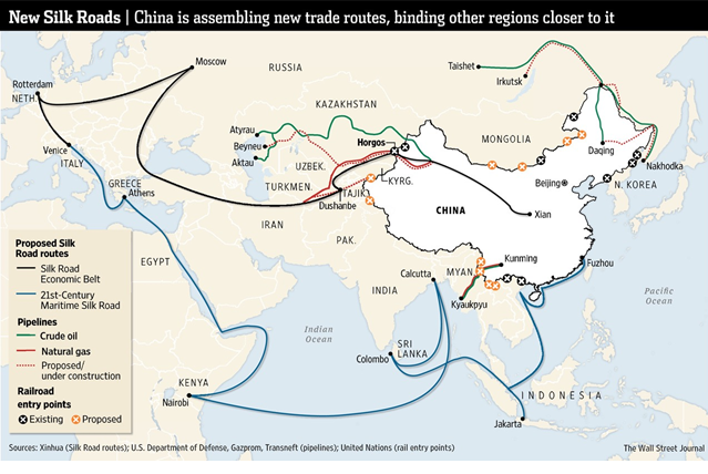 Figure 1: One Belt, One Road initiative, Source: <a href="http://www.wsj.com/articles/chinas-new-trade-routes-center-it-on-geopolitical-map-1415559290">http://www.wsj.com/articles/chinas-new-trade-routes-center-it-on-geopolitical-map-1415559290</a>