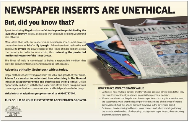 The caution against newspaper inserts in today’s (22 July) <i>Times Of India</i>.