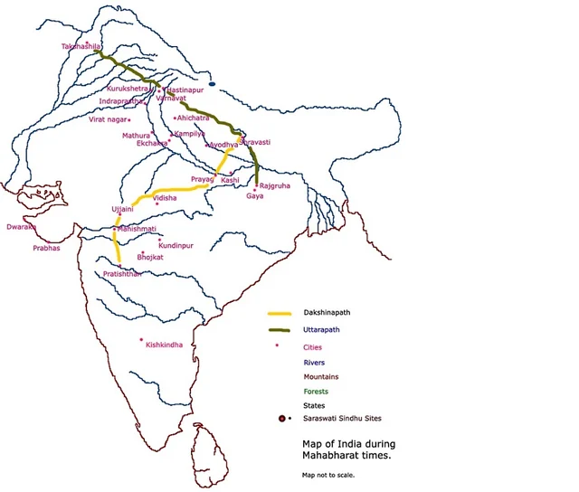 Map of India during Mahabharat times. Shows the two main roads: Uttarapath and the Dakshinapath