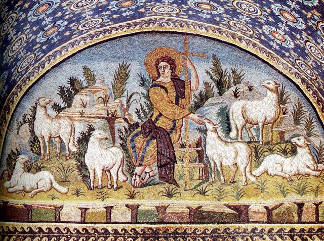 Jesus replaces Orpheus completely. Lyre is
replaced by cross-like scepter. Mithraic headwear
is gone. The diversity of fauna, replaced by
monoculture of white sheep: Mosaic in the
Mausoleum of Galla Placidia, 5 th century CE.