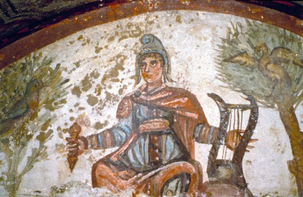 This is early Christian depiction of Jesus as Orpheus with
Mithra cap and musical instrument- Catacombs of Peter and
Marcellus, Rome 4 th century CE