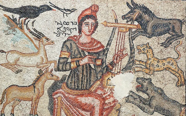 Orpheus: Hellenistic ceiling painting. The Mandala
aspect, diversity of animals surrounding him and the
Mithra cap are important symbolic features.