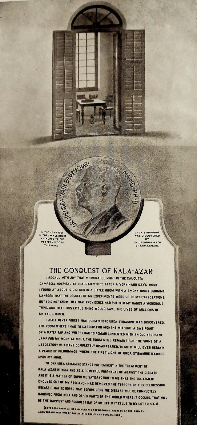 Figure 4. The laboratory where Brahmachari discovered urea stibamine, with his quote. (From ‘Gleanings From My Researches’, by Upendranath Brahmachari, Calcutta University Press, 1940)