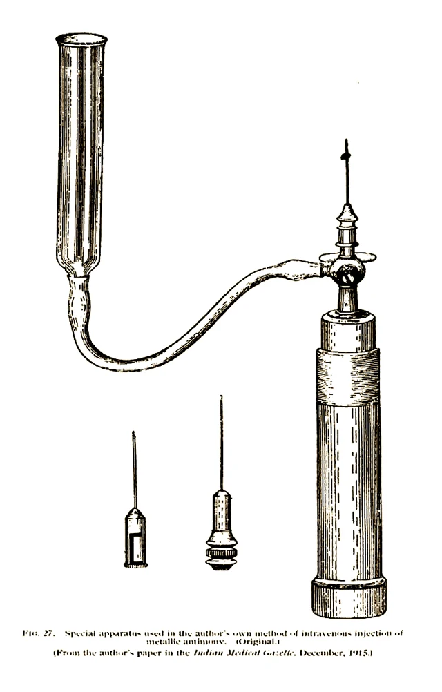 Figure 2. Apparatus developed by Brahmachari for administering metallic antimony intravenously. (From ‘A Treatise on Kala-azar’, by Upendranath Brahmachari, John Bale, Sons and Danielson Limited, 1928)