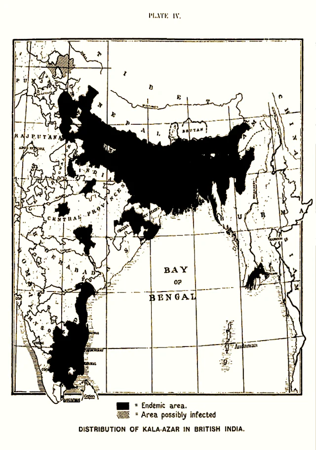 Figure 1. Distribution of kala-azar in British India (From ‘A Treatise on Kala-azar’, by Upendranath Brahmachari, John Bale, Sons and Danielson Limited, 1928)