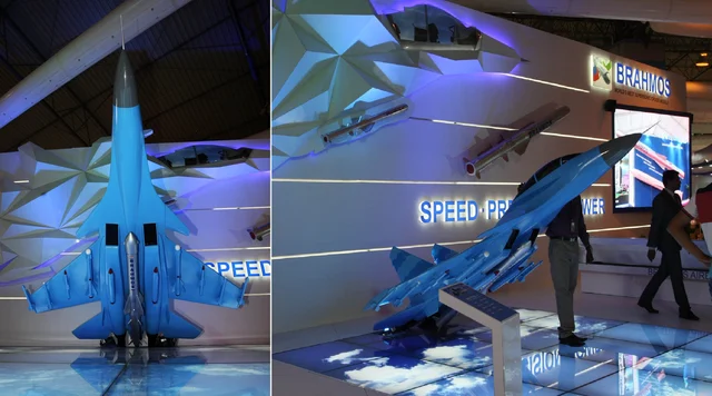 Models of BrahMos-A armed Su-30MKIs at Aero India 2017.