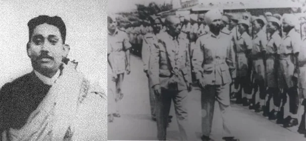 (L) Rash Behari Bose. (R) An aged Rash Behari Bose inspects INA, which he handed over to Netaji.