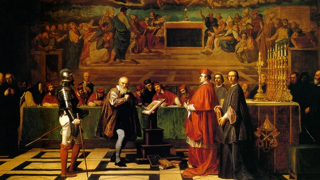 A later day painting depicting Galileo before Catholic Inquisition.