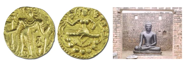 Coins of Narasimha Gupta or Baladitya show himself with Garuda standard and carry Goddess Lakshmi in the reverse. He also built a brick temple for the Buddha in Nalanda.